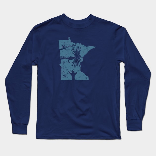 Minnesota Distressed Fly Fishing State Map Long Sleeve T-Shirt by TeeCreations
